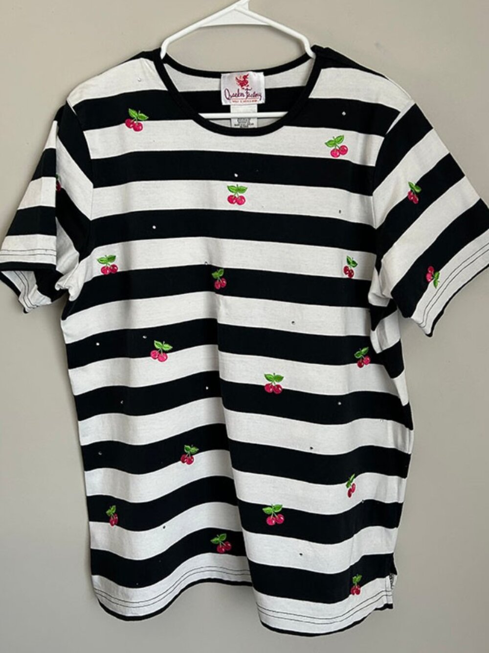 The Quacker Factory Navy/White Striped Cotton T-Shirt w/ Embrodiered Cherries XL